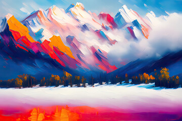 Contemporary Digital Oil Painting of Mountain Landscape in Vibrant Colors
