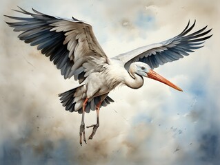 Obraz premium Watercolorist's Delight: Serene Stork in Air, Reflective Pose
