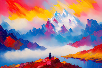 Contemporary Digital Oil Painting of Mountain Landscape in Vibrant Colors