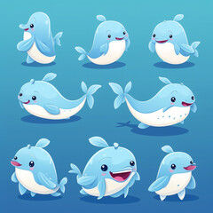 Cute whale animals character set on blue background
