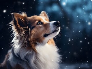 Whimsical Dog Gazing at Starry Christmas Night - Watercolor