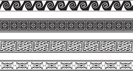 Vector set of seamless monochrome national native american ornaments. Endless ethnic black borders, frames of the peoples of America, Aztec, Maya, Incas. For sandblasting, plotter and laser cutting.. - obrazy, fototapety, plakaty