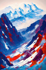 Contemporary Digital Oil Painting of Mountain Landscape in Vibrant Colors