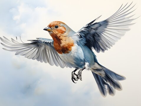 Artistic Avian: Minimalist Watercolor Chaffinch Painting in Captivating Flight Pose