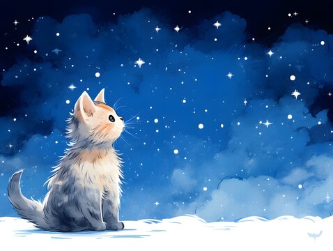 Adorable Cat Captivated by Night Sky: Delicate Minimalistic Sketch