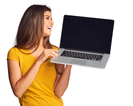Woman, smile and laptop with screen for advertising and marketing isolated on a png transparent background. Person, face and happy with computer pc for advertisement or presentation on social media - Powered by Adobe