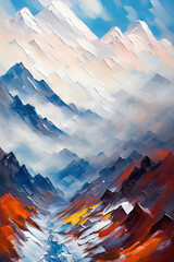 Contemporary Digital Oil Painting of Mountain Landscape in Vibrant Colors