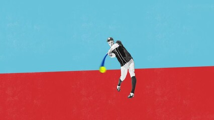 Concentrated young man, athlete playing baseball over blue red background. Winner. Stop motion, animation. Bright colorful design. - Powered by Adobe