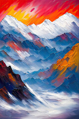 Contemporary Digital Oil Painting of Mountain Landscape in Vibrant Colors
