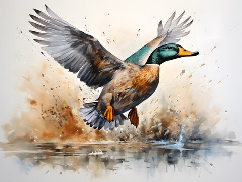 Elegant Watercolor: Airborne Mallard with Clever Composition