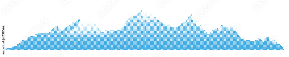Poster halftone blue mountain landscape with dot gradient pattern. widescreen background with rocks covered