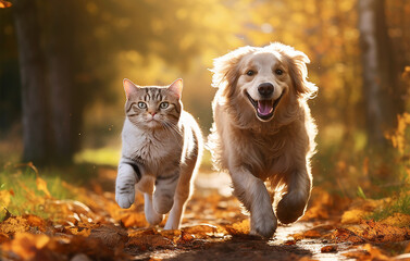 golden retriever and cat in the forest