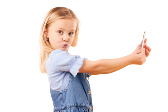 Smartphone, selfie or portrait of girl, child and photography isolated on a transparent background. Person, model or kid with a cellphone, memory or social media with png, pout or happiness with face