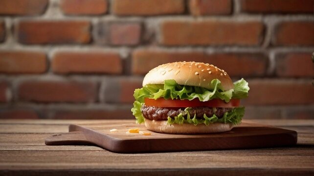 A juicy hamburger with melted cheese and crispy lettuce on a rustic wooden cutting board with large space for text, set against a weathered brick wall, AI generated, background image