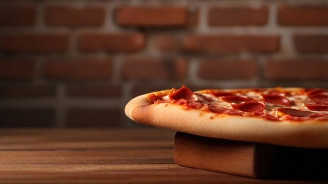 A mouthwatering slice of pepperoni pizza on a wooden pizza peel, placed against a rustic brick wall, AI generated, background image