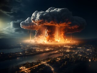 A mushroom cloud from an atomic bomb, depicting destroyed cities and a planet in apocalypse, symbolizing human extinction, war, and the threat of a third world war - obrazy, fototapety, plakaty