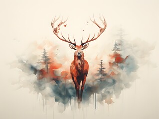 Elegant Wildlife Portraits: Red Deer in Air, Inspired by Watercolorist