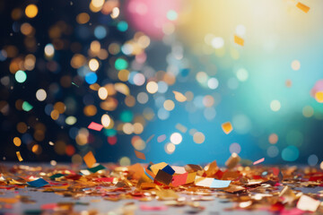Confetti in front of colorful background with bokeh for carnival. Generative AI - obrazy, fototapety, plakaty