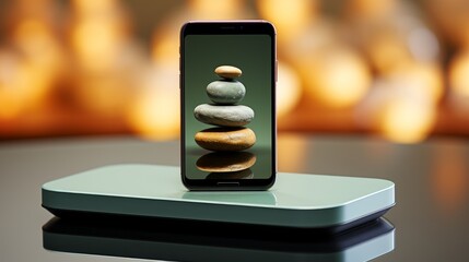 Minimalistic illustration of a smartphone balancing on a plain light surface. AI generate