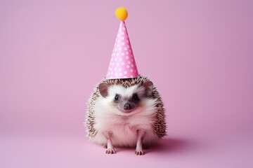Fototapeta na wymiar Hedgehog in party cone hat on pastel background. Creative animal concept. Generative AI