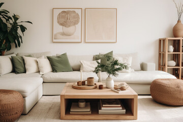 Living room in a scandinavian style with neutral decor, minimalist interior style. Generative AI