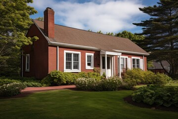 external view of a brick cape cod house with a side gable roof