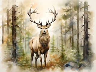 Tranquil Woods: White Background with Watercolor Elk