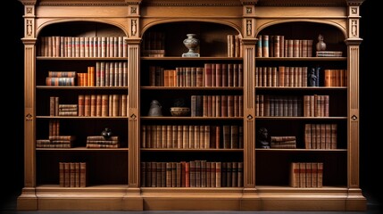 Image showcasing a traditional oak wood bookcase filled with a variety of hardcover books, providing an elegant and intellectual backdrop suitable for virtual meetings and video conferencing