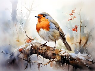 Fototapeta premium Enchanting European Robin: Captivating Woodland Creature in Watercolor