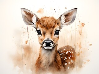 Fall Vibes: Watercolor Cartoon of a Fallow Deer with Crosshatched Shading - obrazy, fototapety, plakaty
