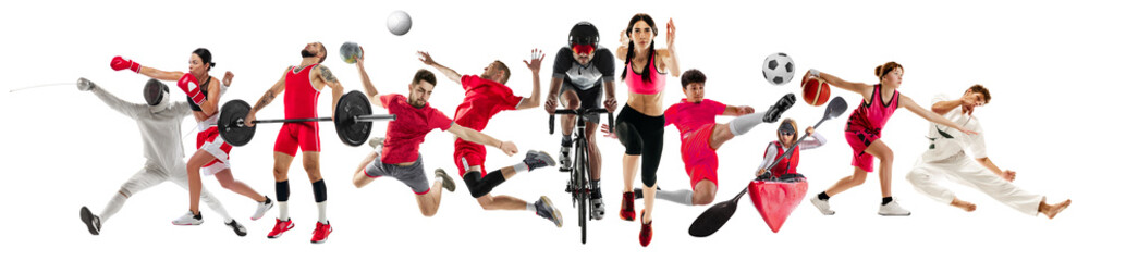Set of different people in motion, sportsmen of diverse sports isolated over white background....