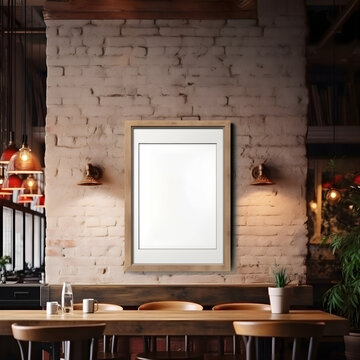 Vintage charm meets modern design with poster mockup frames on a white brick wall, bathed in warm lamp light, creating an inviting ambiance in a restaurant setting