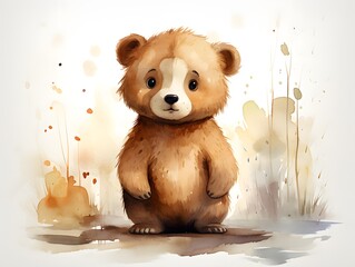 Whimsical Cartoon Grizzly: Watercolor Print with Crosshatched Style