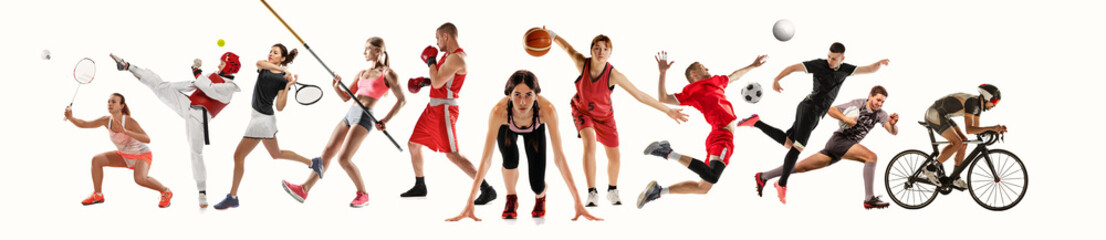 Collage with different people, professional athletes in motion, training isolated on white...