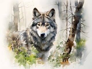 Watercolor Wildlife: Beautiful Grey Wolf in Natural Habitat