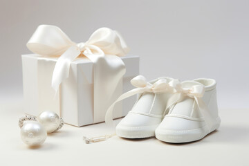 Obraz na płótnie Canvas White baby cute booties and gift box on light background. Baby shower. Generative AI