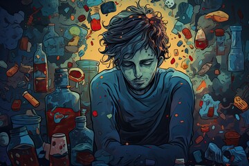 addiction and depression concept, man, illustration - obrazy, fototapety, plakaty