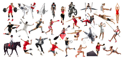 Collage made of different people, men and women, professional athletes in divers kind of sports...