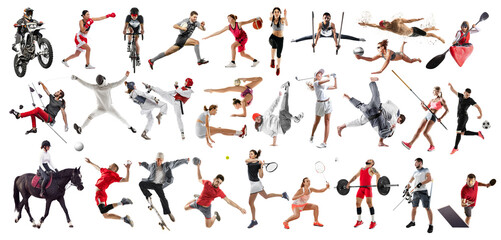 Fototapeta na wymiar Collage made of different people, men and women, professional athletes in divers kind of sports isolated over white background. Concept of sport, competition, achievements, event, game