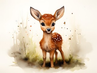 Whimsical Watercolor: Adorable Cartoon Deer with Crosshatched Shading