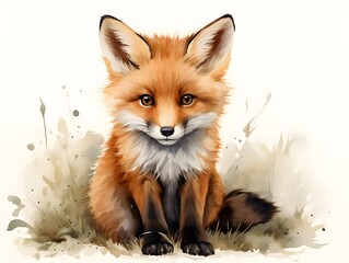 Playful Red Fox: Cartoon-Like Watercolor Print with Crosshatched Style