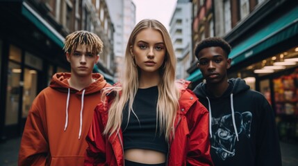 Teenage street fashion and identity concept. A group of teenagers showing off their unique street style, dressed in the latest urban fashion. - obrazy, fototapety, plakaty