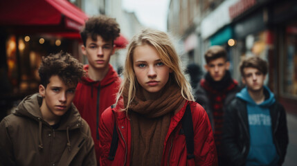 Fototapeta premium Teenage street fashion and identity concept. A group of teenagers showing off their unique street style, dressed in the latest urban fashion.