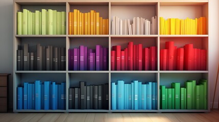 A wellorganized bookshelf filled with vibrant, multicolored folders and books, perfect for a professional and tidy background in virtual meetings or webinars.