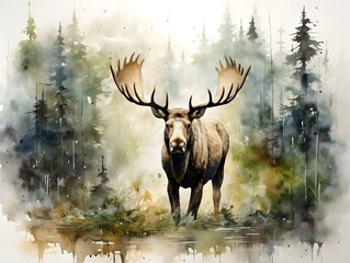Majestic Moose: Stunning Watercolor Wildlife on a White Background