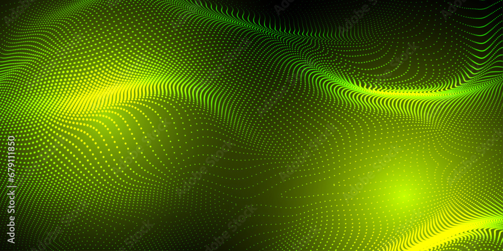 Poster abstract futuristic green and line color wave with moving dots. flow of particles with glitch effect