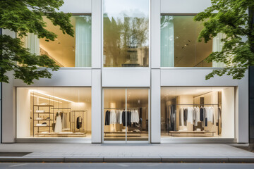 Clothing store exterior building facade with large windows, viewed from the street. - 679111802
