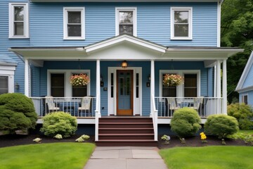 blue colonial home with a welcoming wooden central front door