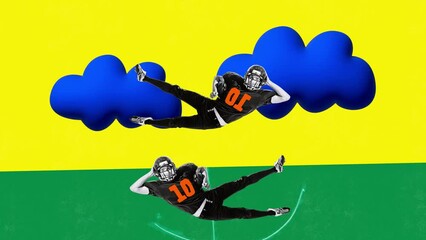 Smiling young man, baseball player in uniform catching ball in jump against yellow green background. Stop motion, animation. Bright colorful design.