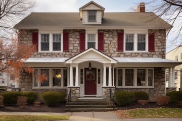 stone colonial home with a wide, mahogany front door - obrazy, fototapety, plakaty